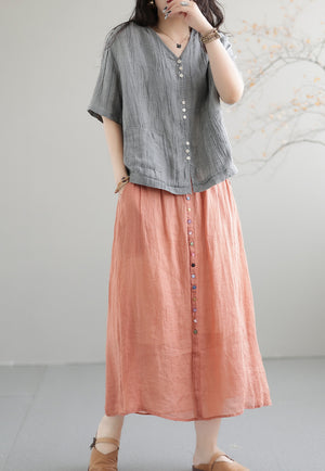 Áo sơ mi linen ngắn tay cổ V hai túi vuông vạt ngang - NU7422