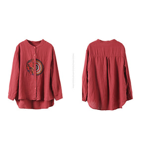 Áo sơ mi linen dài tay cổ tàu thêu hoa văn retro trước ngực - NU6708