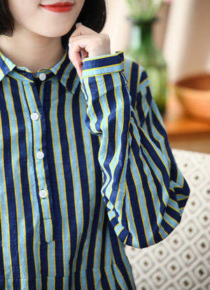 Áo sơ mi linen dài tay cổ đức kẻ sọc khuy vạt áo - NU8457