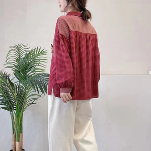 Áo sơ mi dài tay cổ đức kẻ sọc caro túi đính hoa - NU8154