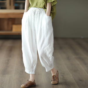 Quần baggy linen lưng thun thêu ren hai bên quần - NU7309