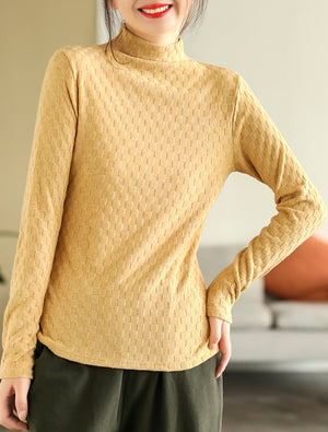 Áo T-shirt len cashmere dài tay cổ lọ kiểu ô vuông - NU7964