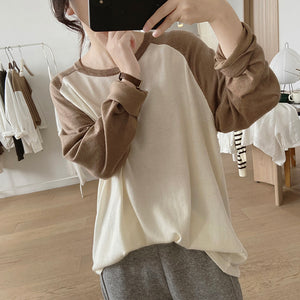 Áo T-shirt dệt kim dài tay phối lệch màu cổ tròn - NU8099