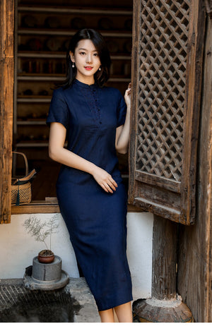 Đầm liền linen ngắn tay cổ tàu khuy tròn thêu họa tiết - NU5902