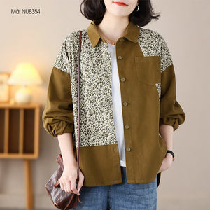 Áo sơ mi dài tay cổ đức hai mảng màu in hoa lá - NU8354