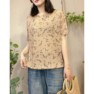 Áo T-shirt ngắn tay dệt kim cổ tròn in hoa lá liti - NU8460