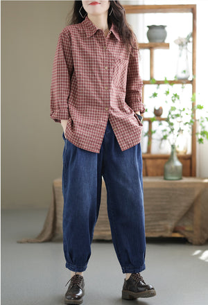 Áo sơ mi linen dài tay cổ đức kẻ sọc caro một túi vuông - NU7688
