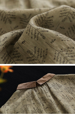 Áo sơ mi linen ngắn tay cổ pipi in hoa lá  - NU6834