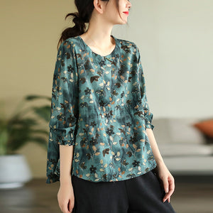 Áo sơ mi linen dài tay cổ tròn in hoa lá eo dây rút - NU8209