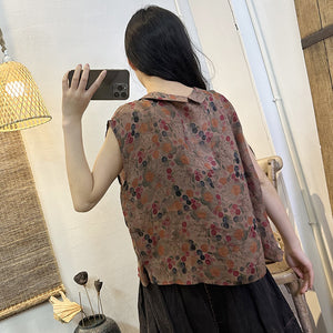 Áo sơ mi linen sát nách cổ pipi in hoa văn retro - NU8624
