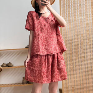 Bộ đồ gồm áo sơ mi ngắn tay khuy tàu và quần sooc in hoa liti - NU7210