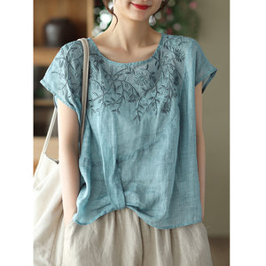 Áo T-shirt linen sát nách cổ tròn thêu hoa văn kiểu lệch tà - NU7297