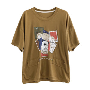 Áo T-shirt linen dệt kim ngắn tay cổ tròn in mặt chú gấu - NU8537