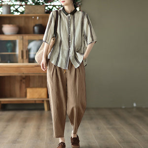 Áo sơ mi linen ngắn tay cổ pipi hoa văn kẻ sọc - NU7470