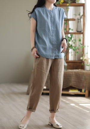 Quần baggy linen lưng thun ống đứng một khuy cài - NU7443