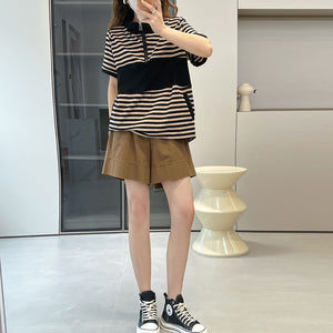 Áo T-shirt hoodies ngắn tay kẻ sọc khóa kéo - NU8379