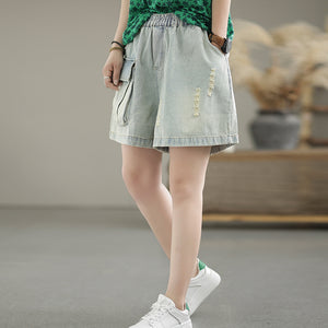 Quần sooc denim lưng thun một túi vuông kiểu sờn - NU7109