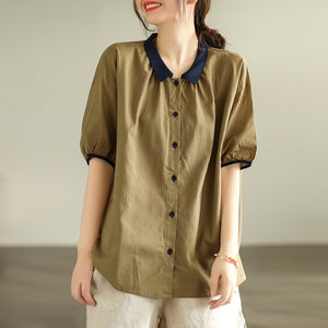Áo sơ mi linen ngắn tay xếp li cổ pipi - NU7242