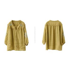 Áo sơ mi linen ngắn tay cổ V thêu hoa lá đối xứng - NU7526