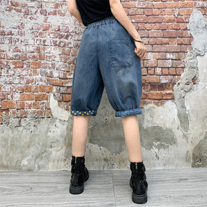 Quần sooc denim lưng thun thêu chú chim và cành hoa - NU8203