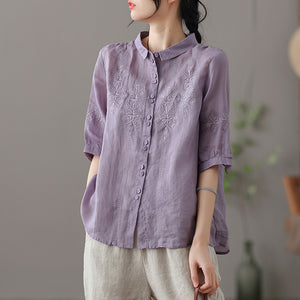 Áo sơ mi linen ngắn tay cổ pipi thêu những bông tuyết đối xứng - NU7182