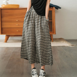 Quần baggy linen lưng thun kẻ sọc caro ống rộng - NU7114