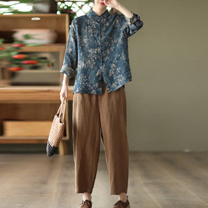 Áo sơ mi linen dài tay cổ đứng xếp ly in những chiếc lá - NU8290