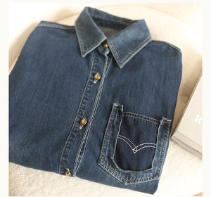 Áo sơ mi denim dài tay cổ đức form dài túi tam giác kiểu - NU8300