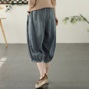 Quần baggy lửng denim lưng thun dây rút ống xếp ly - NU8600