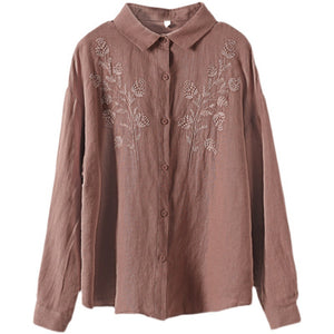 Áo sơ mi linen dài tay cổ đức thêu hoa đối xứng - NU6676