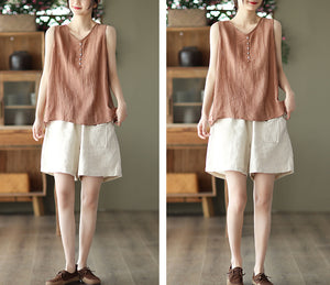 Quần sooc linen lưng thun hai túi chéo một túi kiểu - NU7117