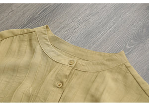 Áo sơ mi linen ngắn tay cổ tròn xếp ly tà lệch bo tròn - NU7388