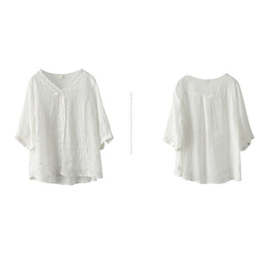Áo sơ mi linen ngắn tay cổ V thêu ren và dây leo - NU7050