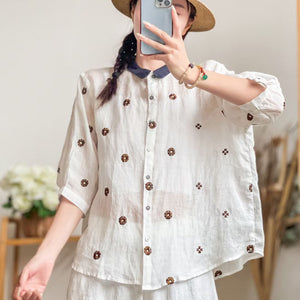 Áo sơ mi linen ngắn cổ pipi thêu hoa bốn cánh - NU7446
