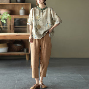 Áo sơ mi linen ngắn tay cổ pipi họa tiết hoa lá - NU6806
