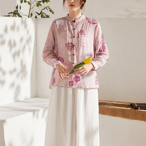Áo sơ mi linen dài tay cổ đứng in màu nước - NU6735