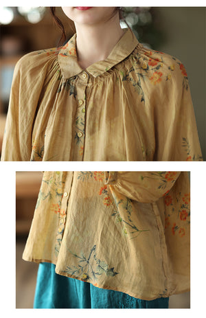 Áo sơ mi linen ngắn cổ pipi xếp ly in bụi hoa - NU7435