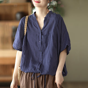 Áo sơ mi linen ngắn tay cổ V túi tròn kiểu - NU7059