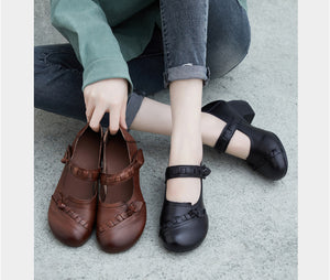 Giày da retro đế cao quai đan thủ công - OD1186