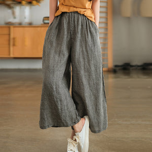 Quần baggy linen lưng thun kẻ sọc caro nhỏ ống rộng - Q258