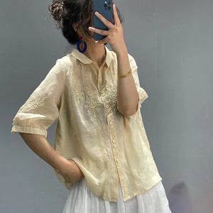 Áo sơ mi linen ngắn tay cổ pipi thêu những bông tuyết đối xứng - NU7182