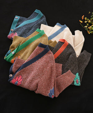 Áo khoác len cardigan dài tay cổ V móc những bông hoa - NU8065