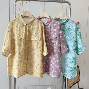 Áo sơ mi linen ngắn tay hai túi vuông in những chú chim - NU7433