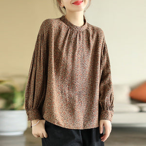 Áo sơ mi linen dài tay cổ tròn in hoa lá liti - NU8147
