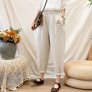 Quần baggy linen lưng thun thêu giỏ hoa - NU7316