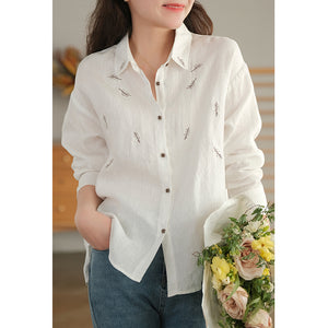 Áo sơ mi linen dài tay cổ đức thêu những chiếc lá - NU7483