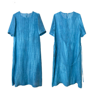 Đầm liền linen ngắn tay cổ tròn một màu hai túi - NU8432