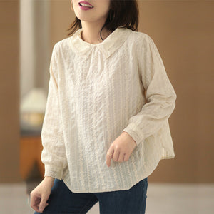 Áo sơ mi linen dài tay cổ tròn đính bèo thêu hoa lá hai chiều - NU6684