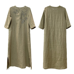 Đầm liền linen ngắn tay cổ tròn một khuy thêu hoa lá - NU8506