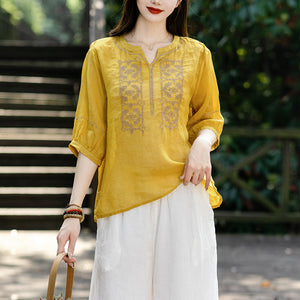 Áo sơ mi linen ngắn tay cổ tròn xẻ thêu đối xứng - NU8541
